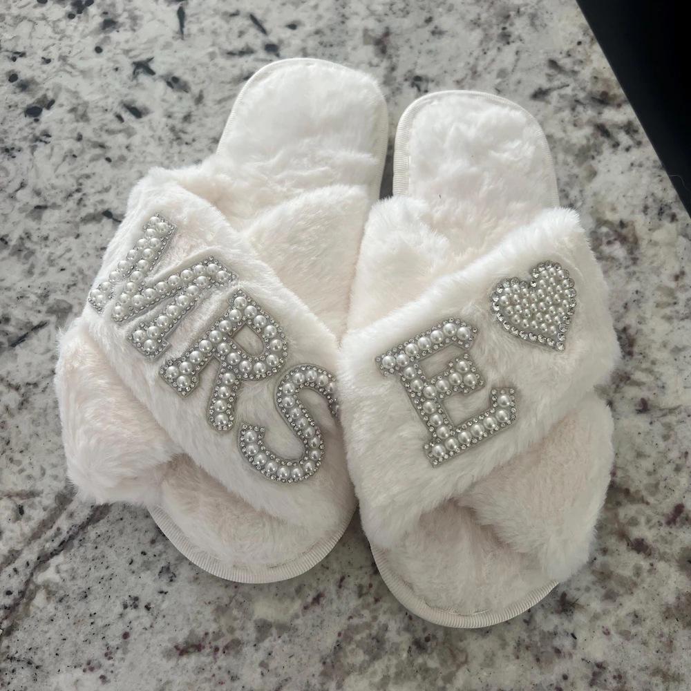 Pearl Letter MRS Plush Cross-Band Slippers for Bridesmaids