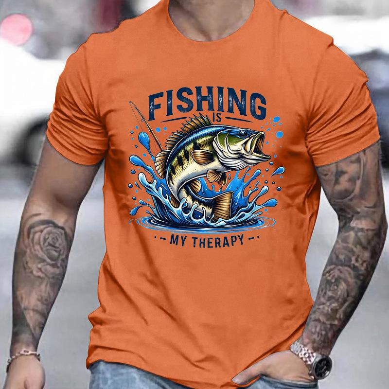 Unisex Crew Neck Bass Fishing Therapy Graphic Short Sleeve Cotton Tee Casual Summer Streetwear Loose Basic Daily Outdoor Wear Top