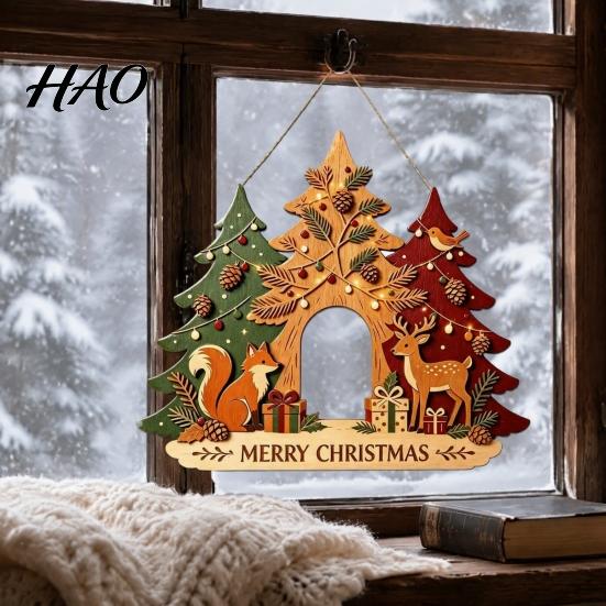 Indoor Outdoor Seasonal Ornaments Christmas Wooden Sign Hanging Ornament, Multi-Layer Tree Wood Plaque Signs with Rope, Merry Festive Door Wall Decor