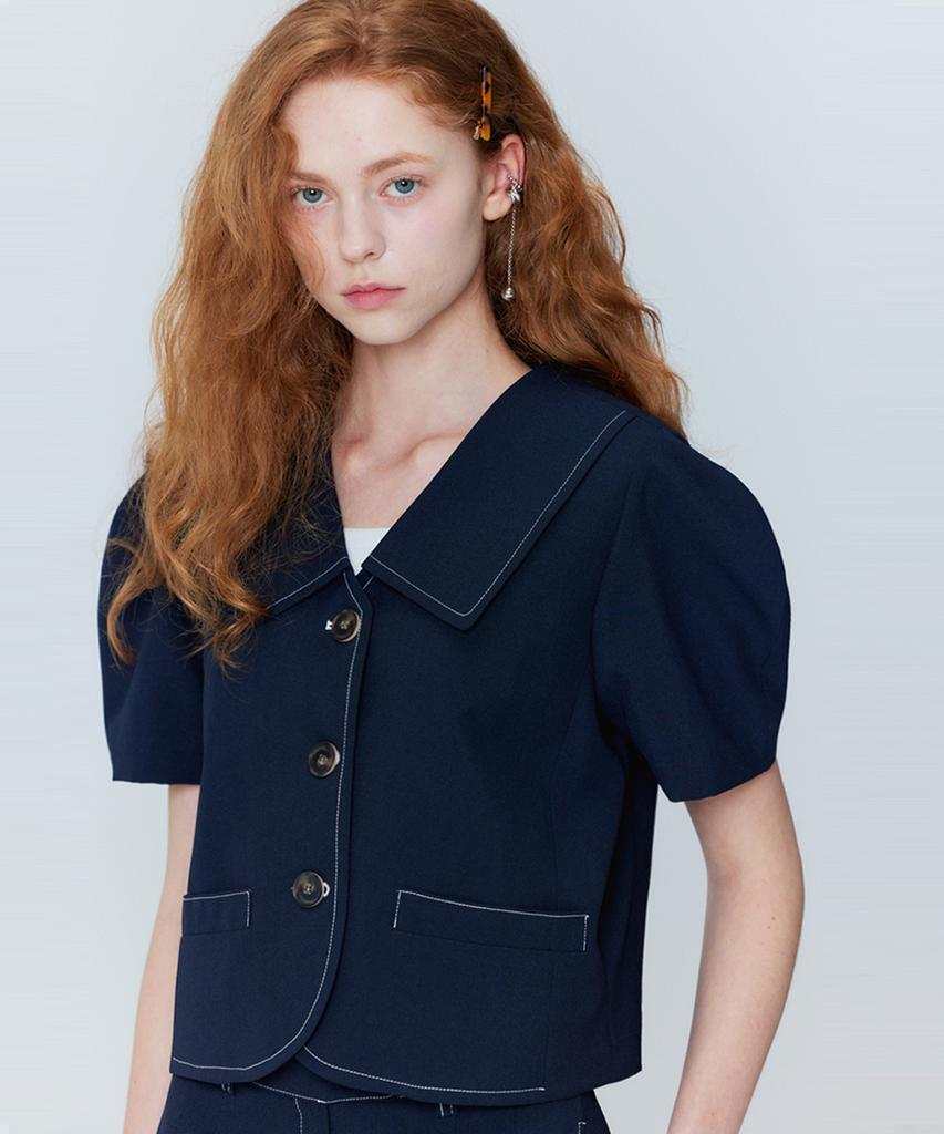 OPENING SUNSHINE Puff Sleeve Crop Jacket_Two-Pleat Wide Pants Set_Navy