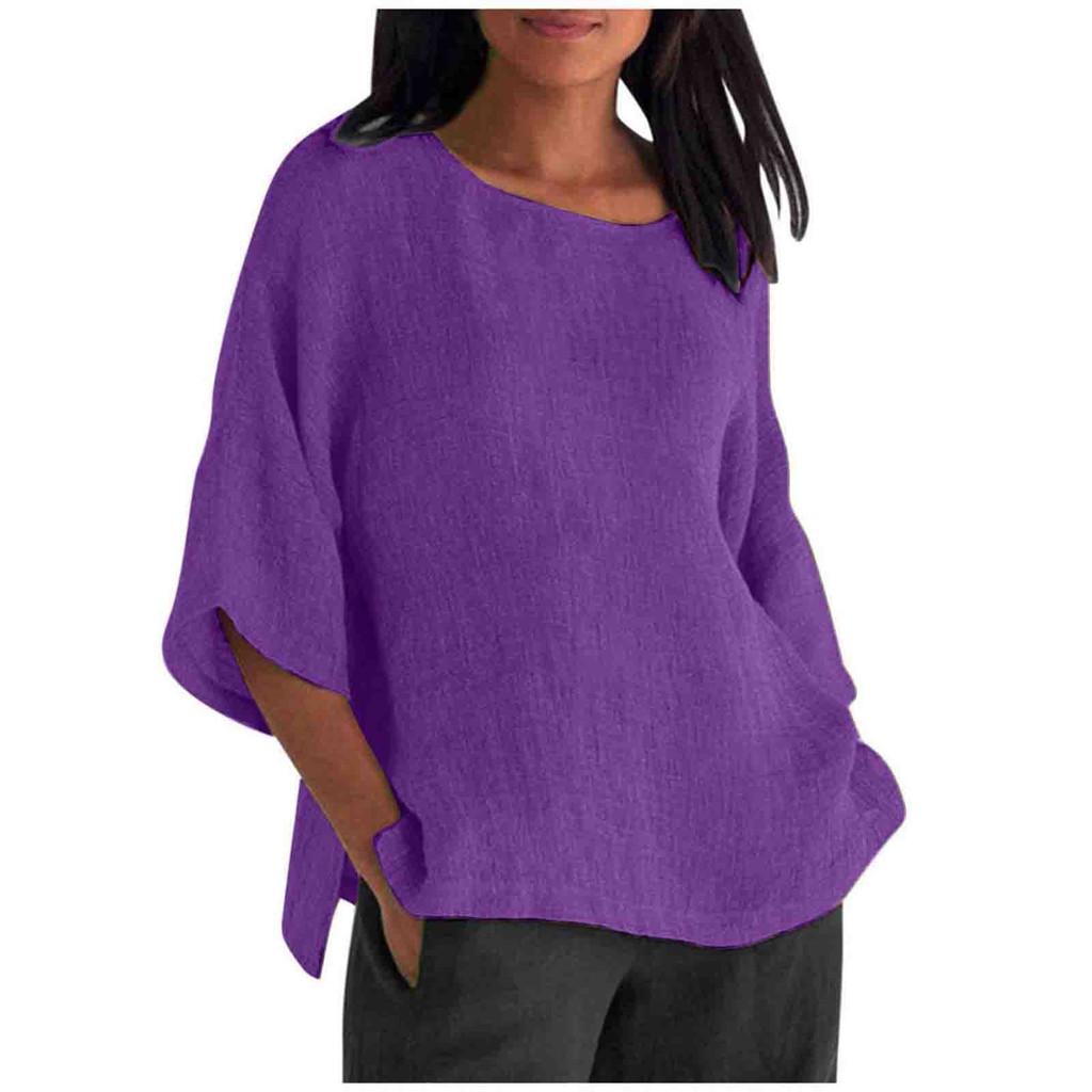Cotton Linen Blouse For Women With Round Neck And Seven Quarter Sleeves For Casual Office Wear