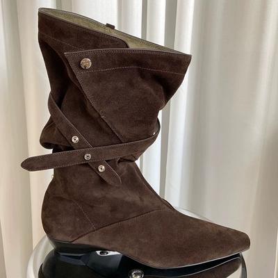 Овчина~ Натуральная кожа ретро нишевый дизайн на наборном каблуке короткие ботильоны для женщин, V-образная пряжка с остроносыми ковбойскими ботинками в западном стиле