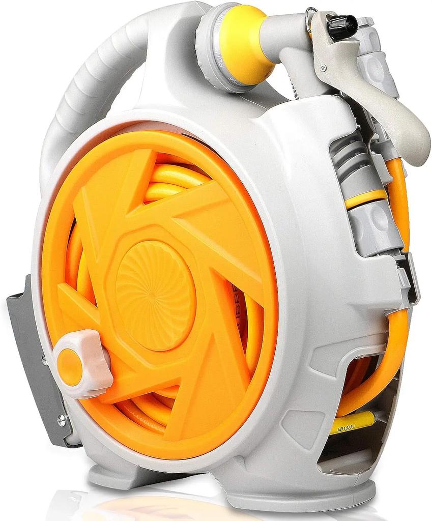 46FT Профессиональная садовая катушка для шланга, 7-режимная насадка, регулируемое настенное крепление, точная фиксация длины, водосберегающая конструкция для очистки газона и грядок