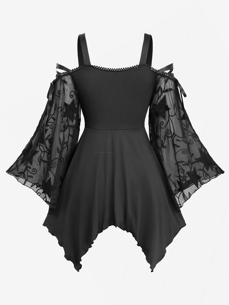 Rosegal Женская блузка большого размера в готическом стиле с вышивкой в виде звезд, шнуровкой, открытыми плечами и расклешенными рукавами, повседневный топ