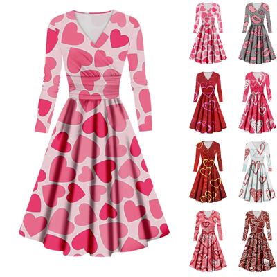 Женское модное повседневное платье с принтом ко Дню святого Валентина, длинными рукавами и V-образным вырезом, сексуальное платье