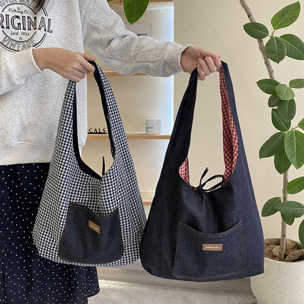 Cloth Double Sided Plaid Denim Vest Bag Retro Bohemian Messenger Bag Denim Shoulder Bag  Travel