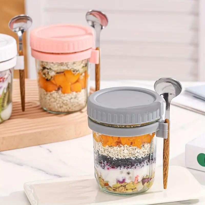 Portable Glass 2pcs 350ml Overnight Oats Cup with Spoon - Breakfast Cup - Salad Jar Yogurt Cup 12.32oz