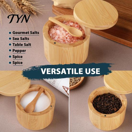 Reusable Wooden Seasoning Box Wood Salt Container with Swivel Magnetic Lid, Built-in Spoon Natural Pepper Cellar Jar, Moisture Proof Spice for Kitchen
