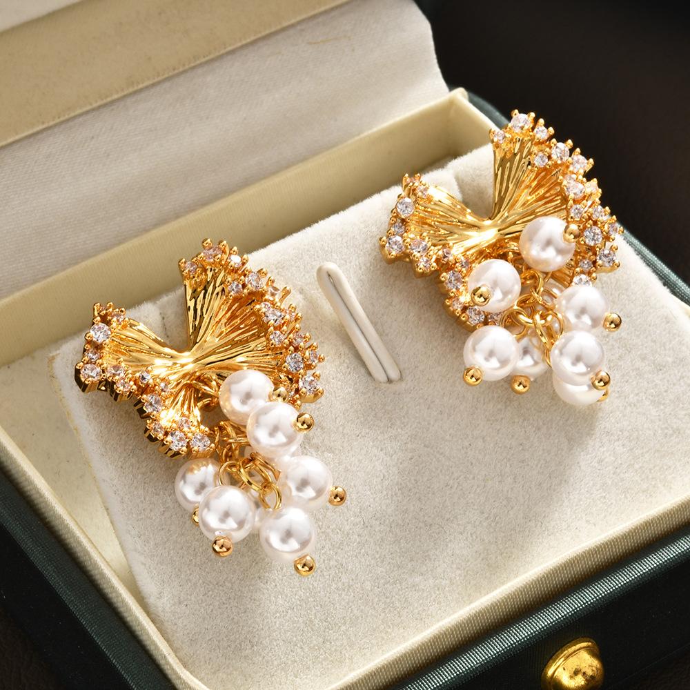 Elegant Vintage Butterfly Pearl Tassel Earrings, Sparkling Zircon Studs