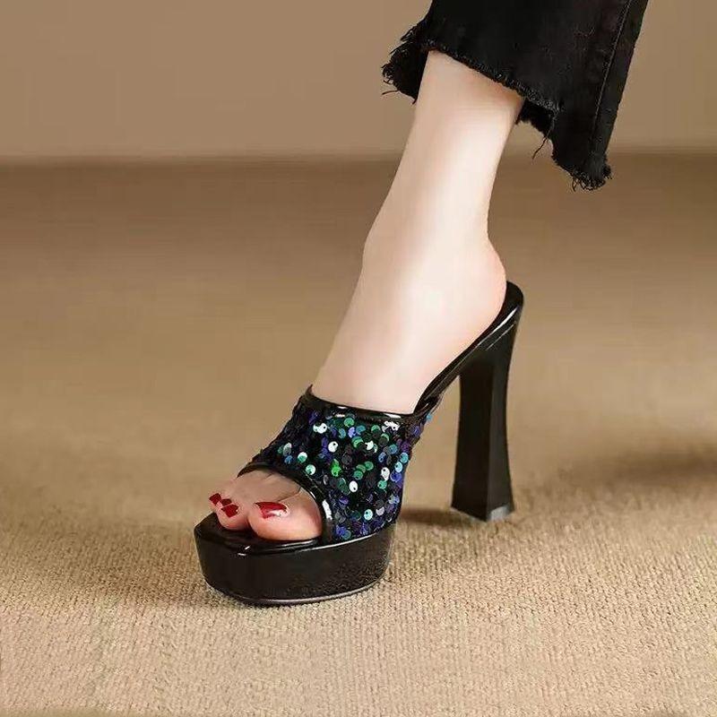 Fashion Women High Heels Slippers Designer Fish Mouth Slippers Luxury Rhinestones High Heeled Slippers for Women Pumps Summer Flip Flops