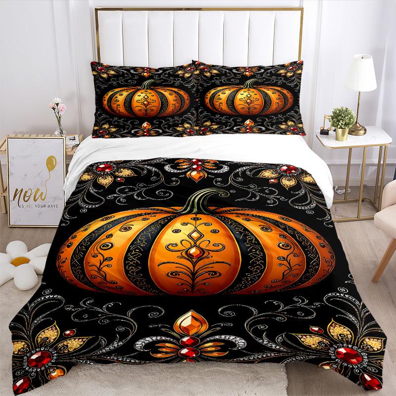 3pc Gothic Pumpkin Cover Set - 1 Quilt Cover + 2 Pillowcases, All Seasons Bedroom Setting, Perfect for Home042