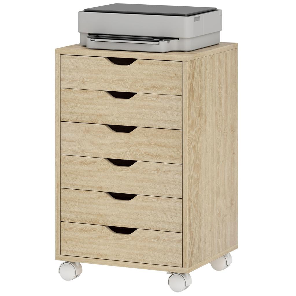 6 Drawer Vertical File Cabinet, Mobile Filing Cabinet with Quiet Drawers and Wheels with 2 Brakes, Oak Wood Effect