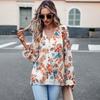 Elegant Women Autumn Floral Blouse V Neck Lantern Sleeve Button Tops Shirt