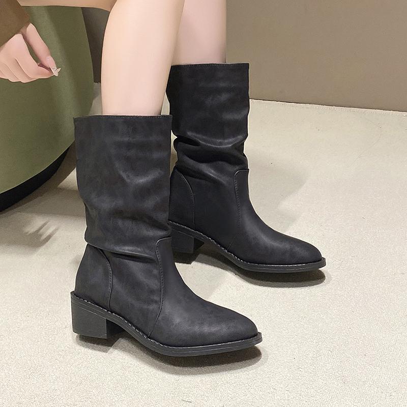 Женские массивные одинарные ботинки 2025 года, осенние новые, с круглым носком, с отворотом, с рукавами-фонариками, с противоскользящей подошвой, удобные, до середины голени