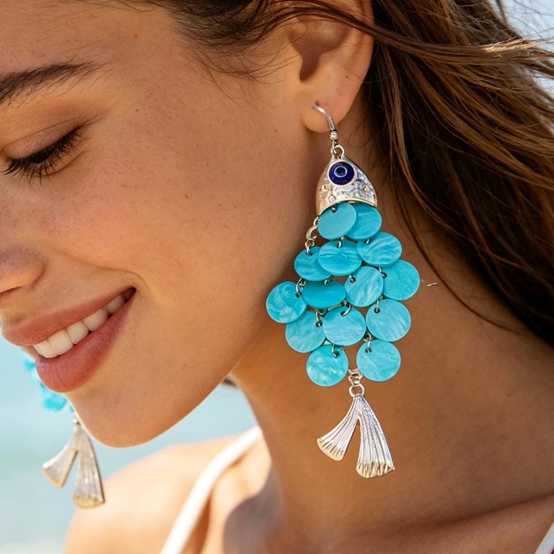 Bohemian Fish Tail Tassel Long Dangle Earrings, Vintage Ethnic Shell Slice Drop Earrings, Boho Statement Earrings for Women