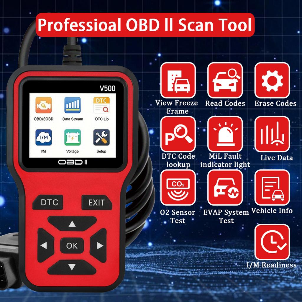Автомобильный сканер OBD2 Диагностический инструмент Считыватель кодов, Тестер напряжения автомобиля Сканер кодов неисправностей двигателя, Тестер зарядки Диагностический инструмент V500