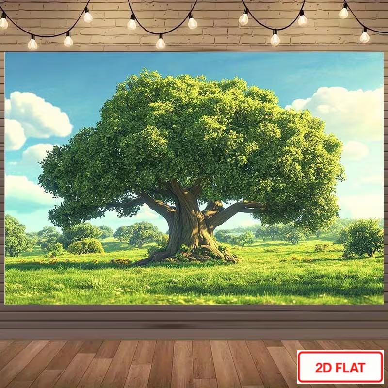 2D Whimsical Green Tree and Blue Sky Backdrop Photography Background Banner