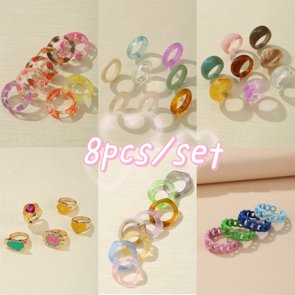 8 шт./компл., новинка 2021 г., цветные, прозрачные, акриловые, со стразами, геометрические квадратные круглые кольца, набор для женщин, ювелирные изделия, дорожные подарки