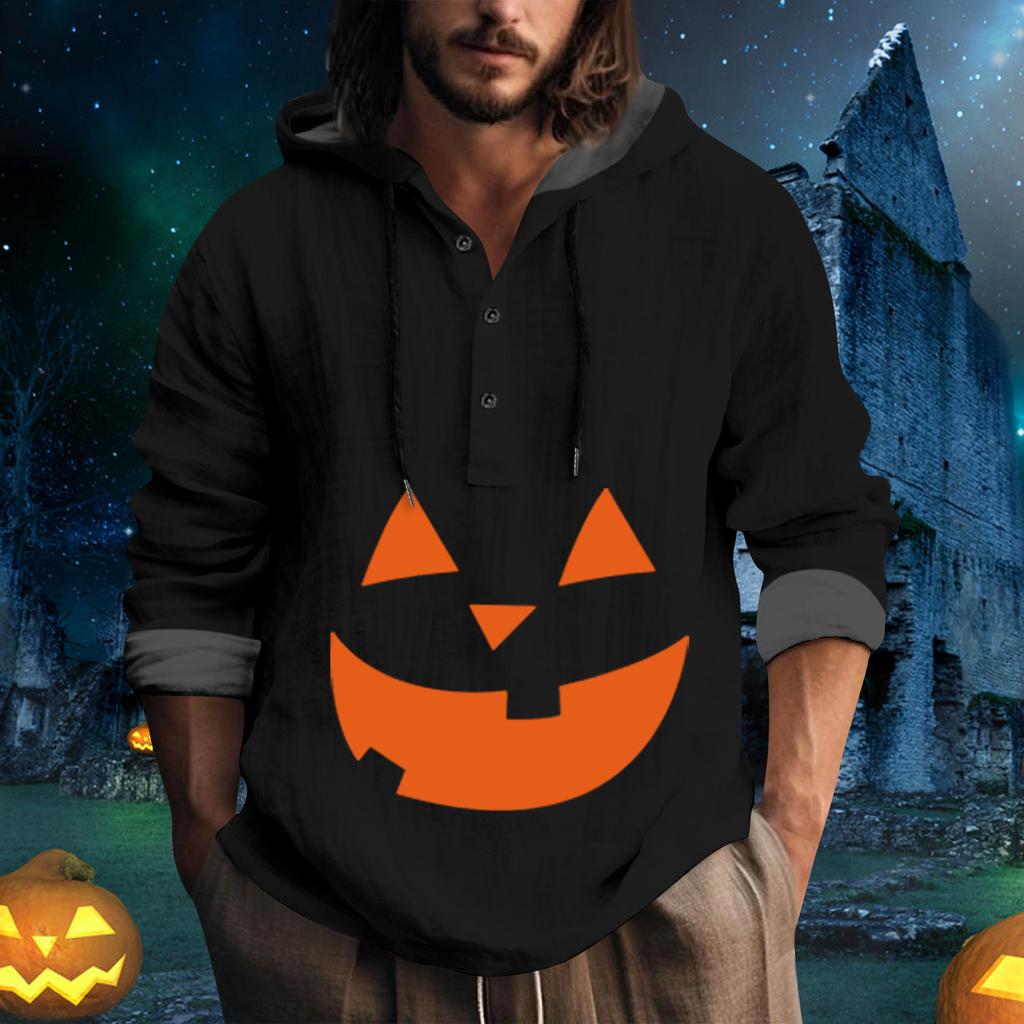 Halloween Printed Hooded Men's Oversized Drawstring Button Hoodie