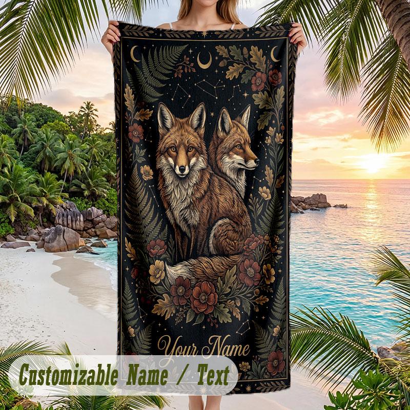 Foxes Moonlit Forest Theme Quick Dry Beach Towel Custom Name Text Print Large Sand Resistant Towel Beach Vacation