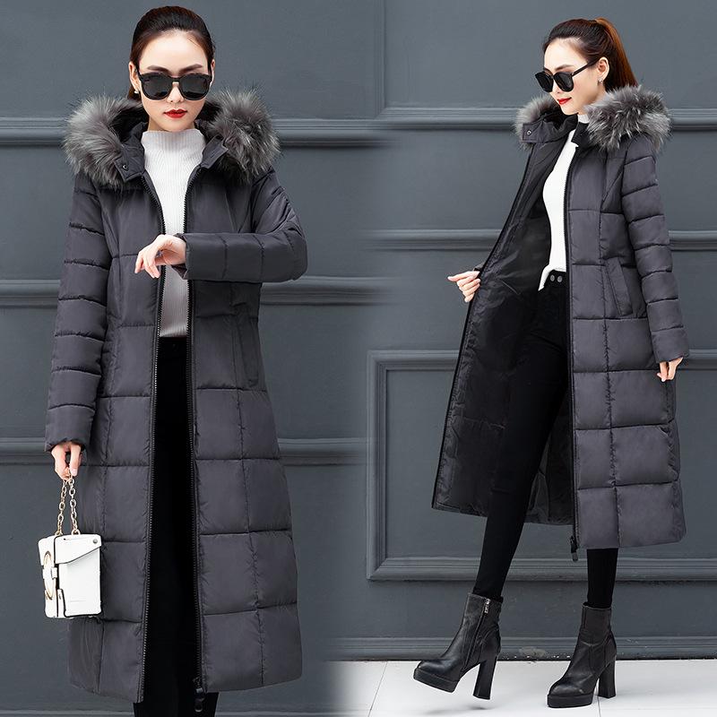 Women's cotton-padded clothes in autumn and winter, new extended over-knee down cotton-padded clothes, women's large size loose solid color fur-colla