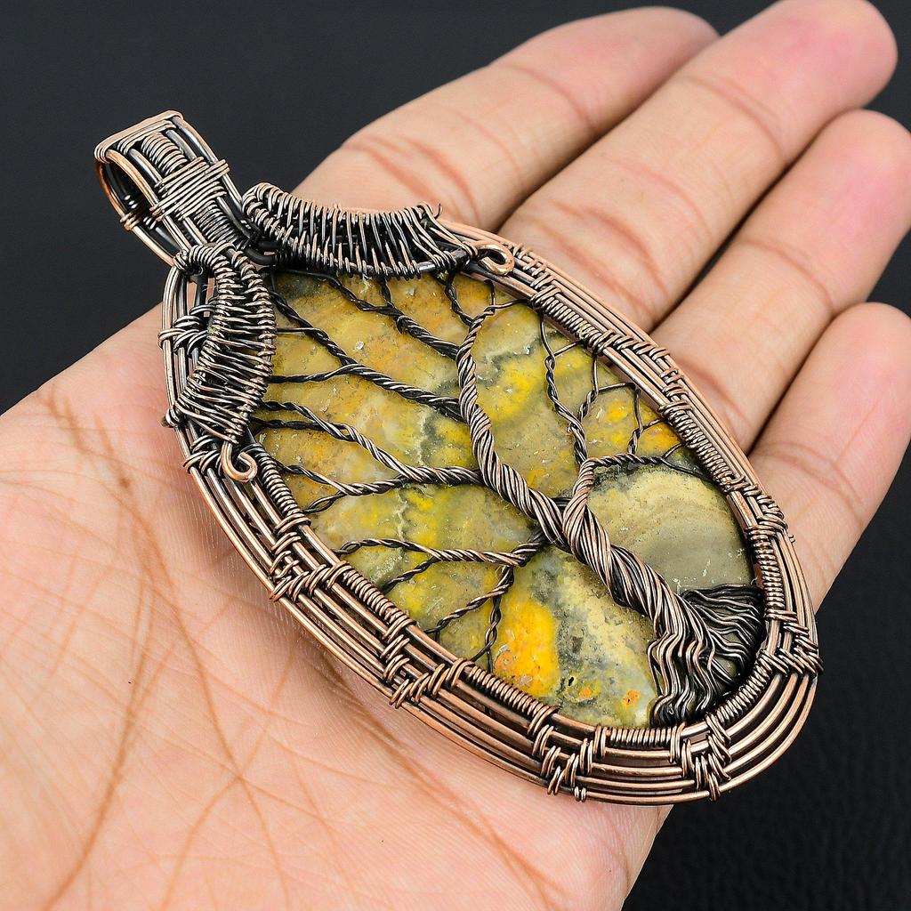 Tree Of Life Bumble Bee Jasper Jewelry, 999 Copper Wire Wrapped Gemstone Pendant, Handmade Pendant, For Memorial Day