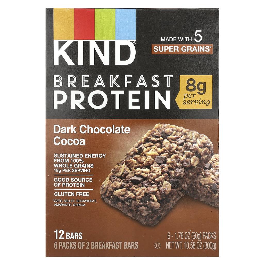 KIND Bars, протеиновый батончик на завтрак, темный шоколад с какао, 6 упаковок, 50 г (1,76 унции) каждый