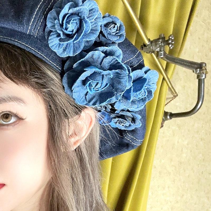 Винтажная кепка художника из джинсовой ткани, синяя шляпа с камелией, модный берет, женские элегантные модные шляпы