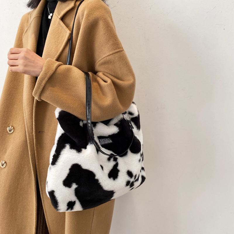 Сумка-тоут для женщин с рисунком коровы, теплая, вместительная, из искусственного меха зебры, на осень и зиму, с ручкой сверху