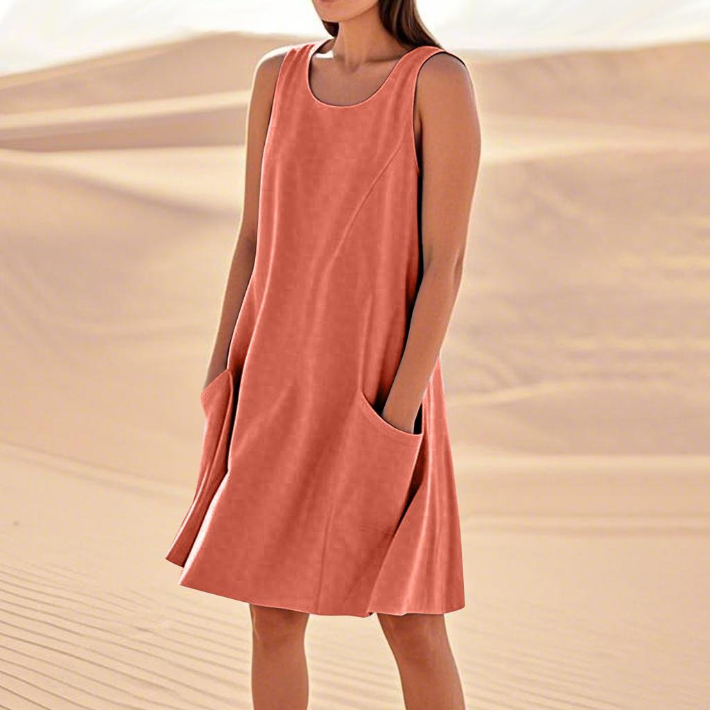 Летние платья для женщин, свободные пляжные повседневные сарафаны без рукавов с карманами, платье-майка