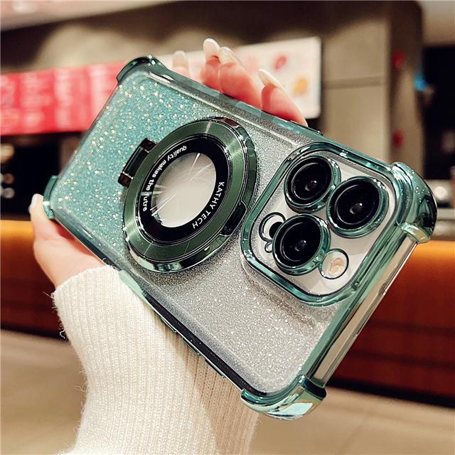 For iPhone 15 Pro Max Luxury Plating Magsafe Magnetic Stand Flash Phone Case For iPhone 11 12 13 14 16Plus Lens Protective Cover