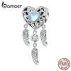 BAMOER 925 Sterling Silver Blue Heart-shaped Dreamcatcher Bead Feather Charms for Women Bracelet & Necklace DIY Fine Jewelry