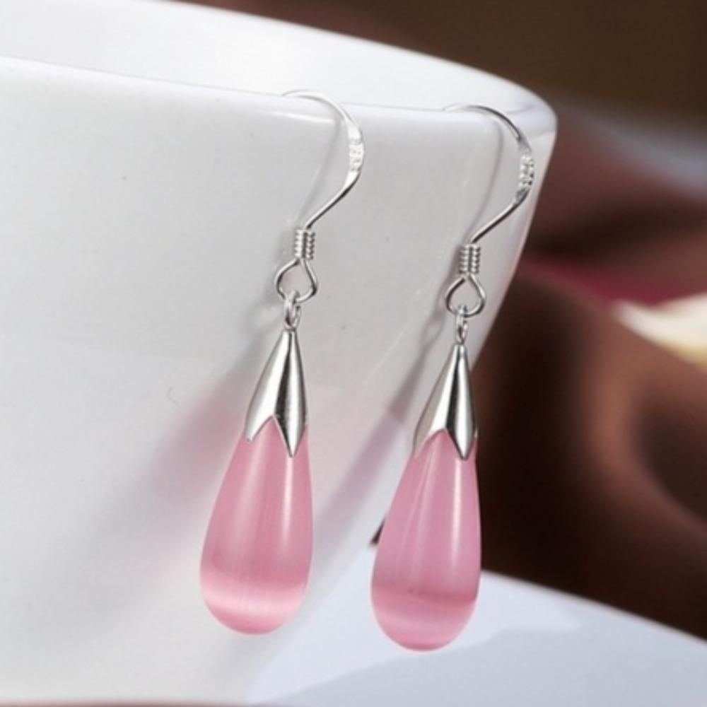 Synthetic Opal Drop Earrings Silver Plated Cat Eye Stone Dangle Earrings Elegant Crystal Jewelry for Women