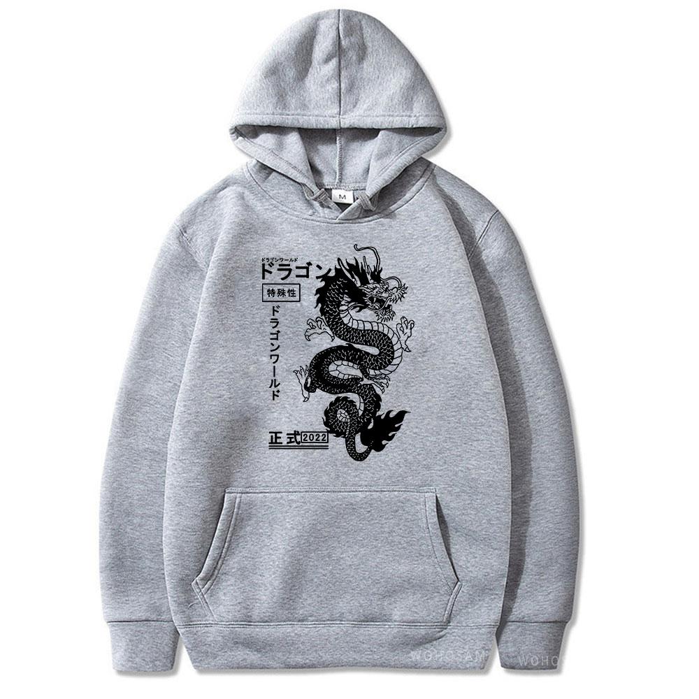 Japanese Letter & Dragon Graphic Drawstring Hoodies Unisex Fashion Casual Oversized Loose Pullover Tops Spring Autumn Black Sweatshirts