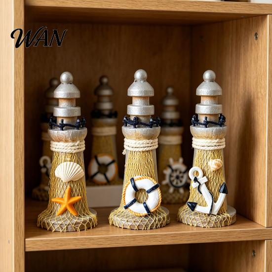 Desk Lighthouse Ornament Rustic Wood Figurine, Nautical Ocean Beach Sculpture, Miniature Statue Handcrafted Coastal Tabletop Centerpiece for
