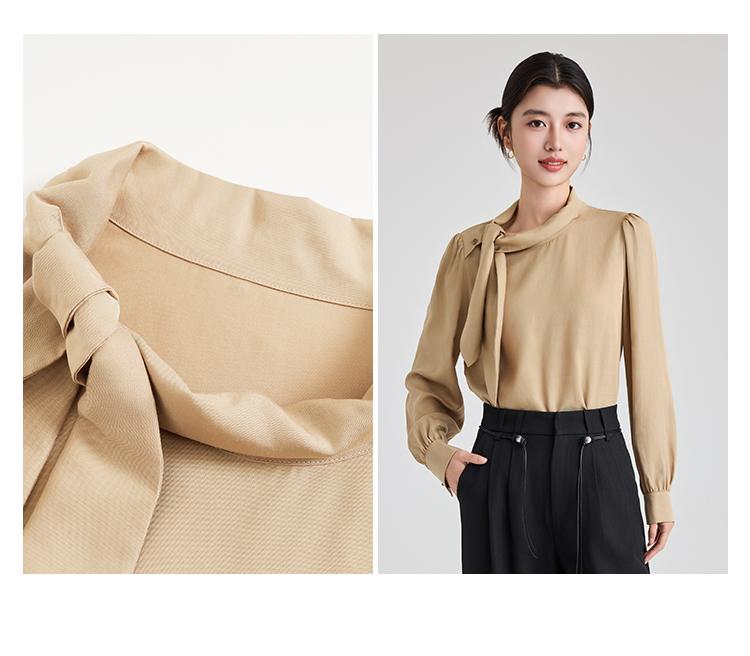 100% Lyocell shirt temperament, ribbon long sleeved women's 2025 spring shirt, high-end small shirt top