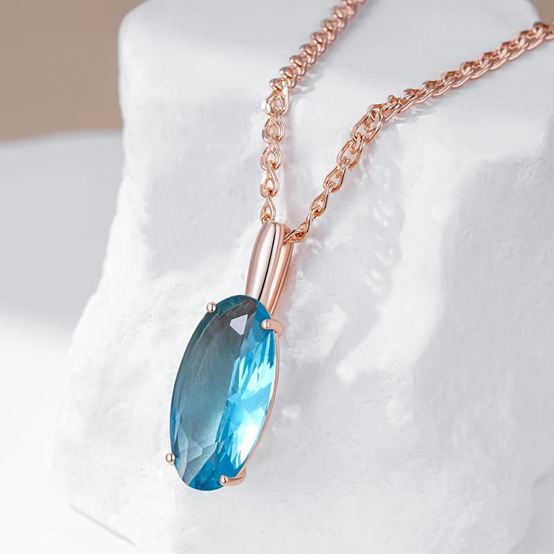 Большой овальный голубой циркон кулон ожерелье золотая цепочка булавка 50 см женская мода бижутерия