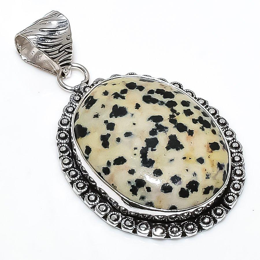 Dalmation Jasper Gemstone 925 Sterling Silver Jewelry Pendant 2.01" SU-10752