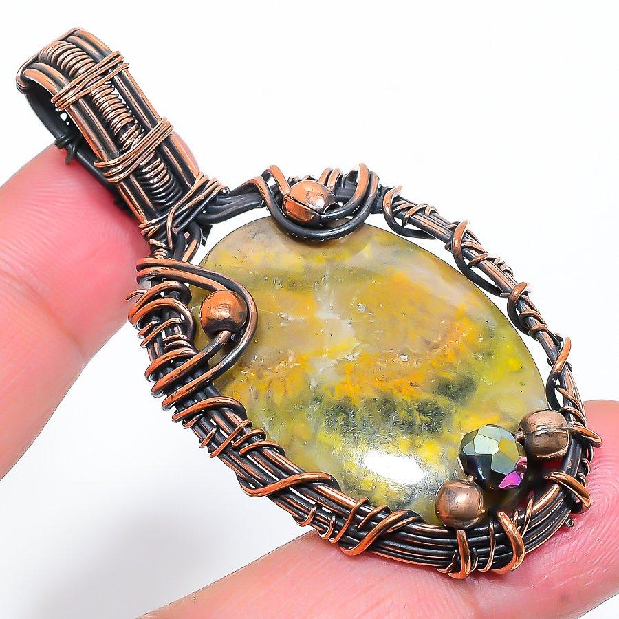 Natural Bumblebee Jasper Gemstone Copper Wire Wrap Gift Pendant 2.56" T2v08