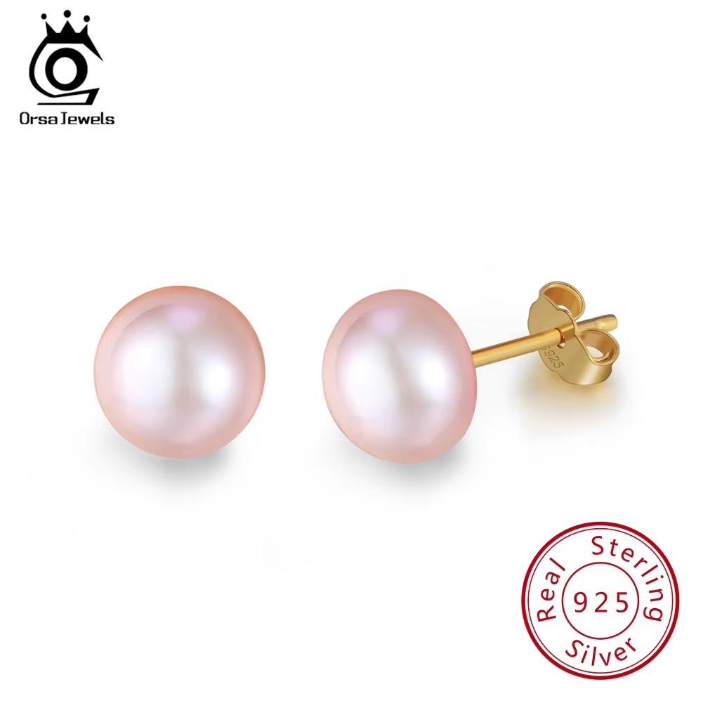 ORSA JEWELS Настоящие серебряные серьги-гвоздики 925 пробы для женщин Настоящий пресноводный жемчуг 8 мм Золотистого цвета Женские праздничные украшения SE86