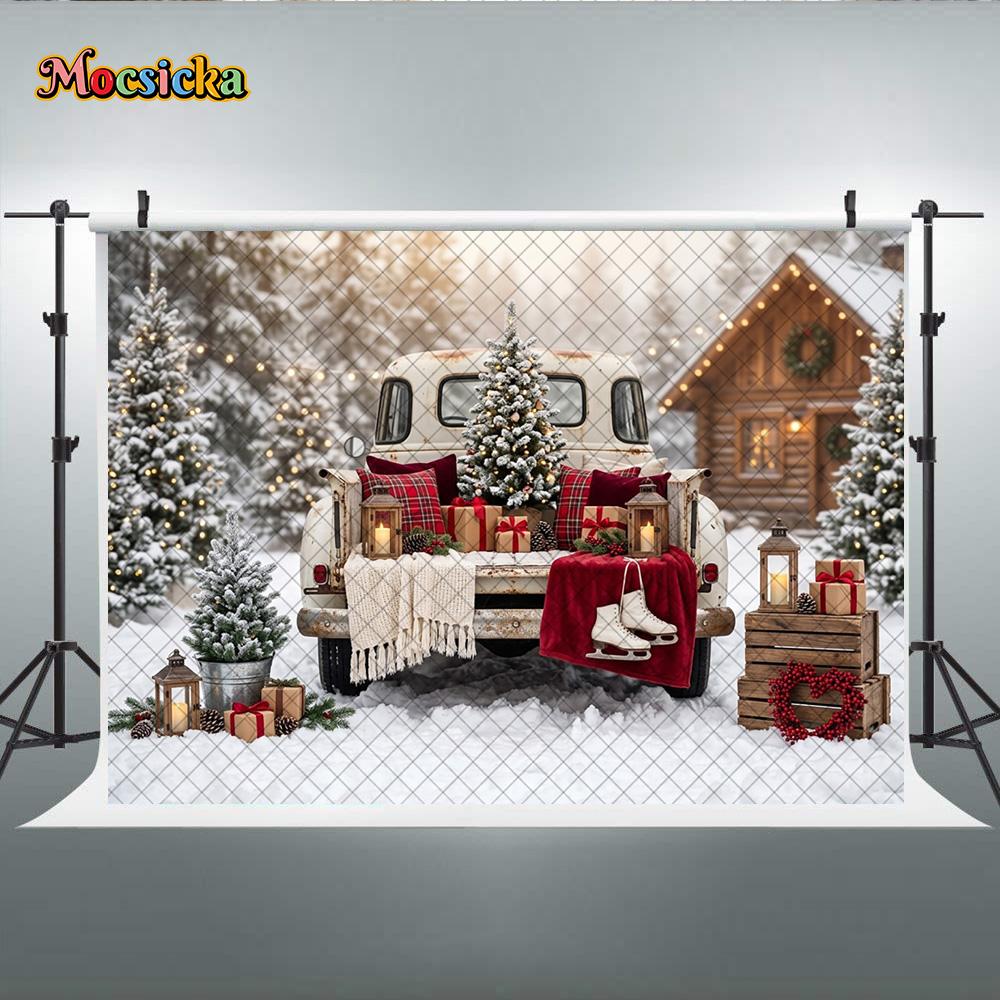 Mocsicka Photography Backdrop Christmas White Truck Snow Forest Cabin Decoration Family Xmas Holiday Portrait Photo Stud