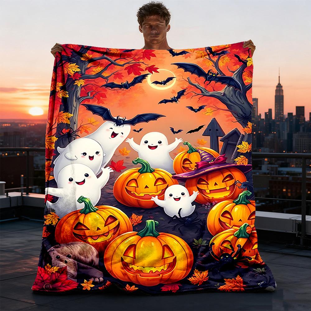 1pc Ghosts and Pumpkins Print Outdoor Blanket, Lightweight Polyester,