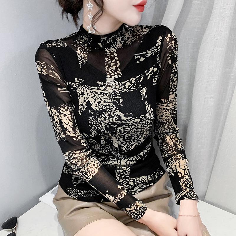 Европейский 2024 Осень/Зима Топ с длинным рукавом из сетки со стразами, приталенный