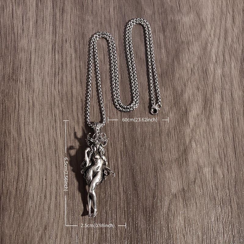 Bull horned witch portrait pendant necklace, silver Satan demon lady necklace, gothic punk style accessory, suitable for daily party gift giving