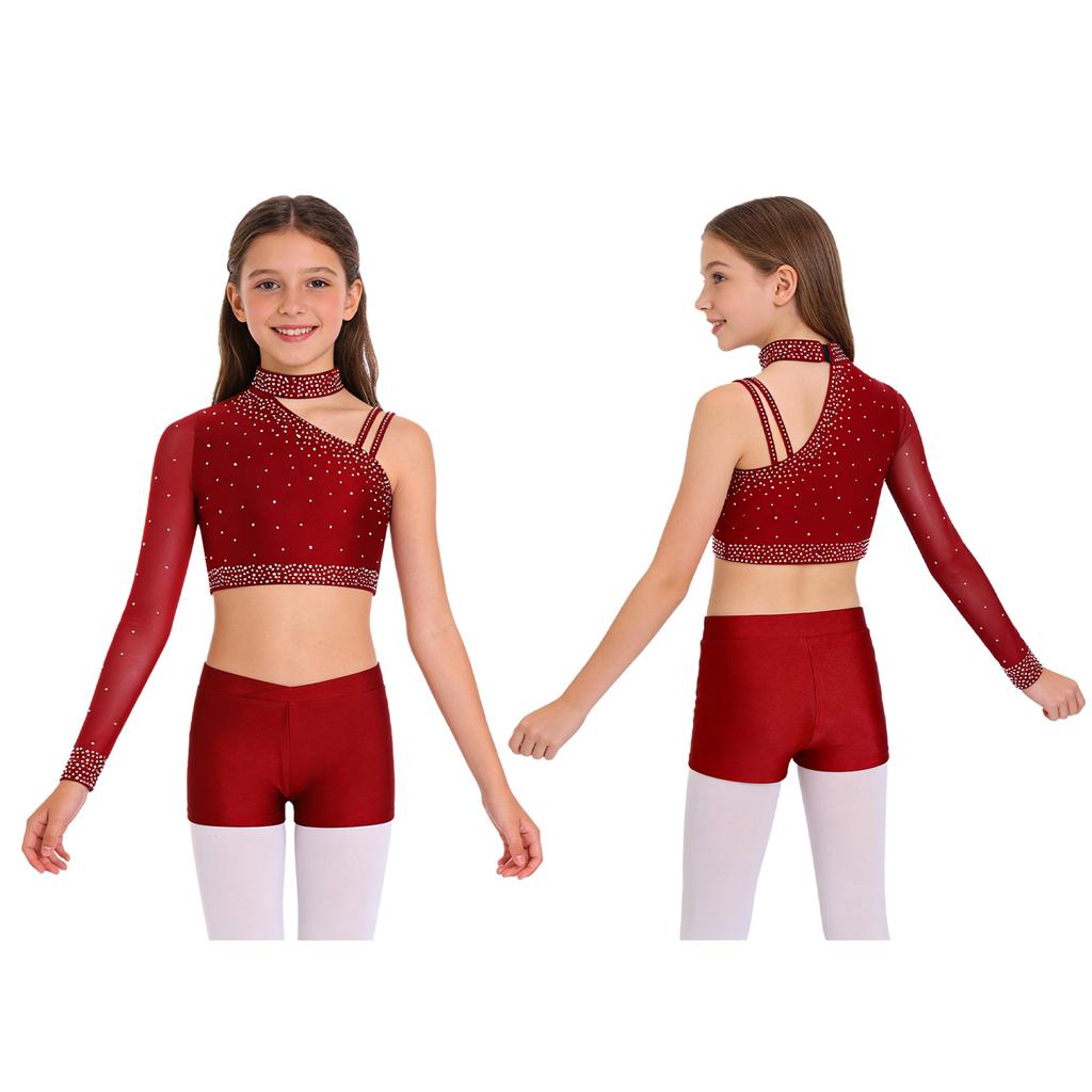 Блестящий укороченный топ для танцев со стразами для девочек: Шорты с асимметричным плечом и V-образным поясом для танцевальных выступлений