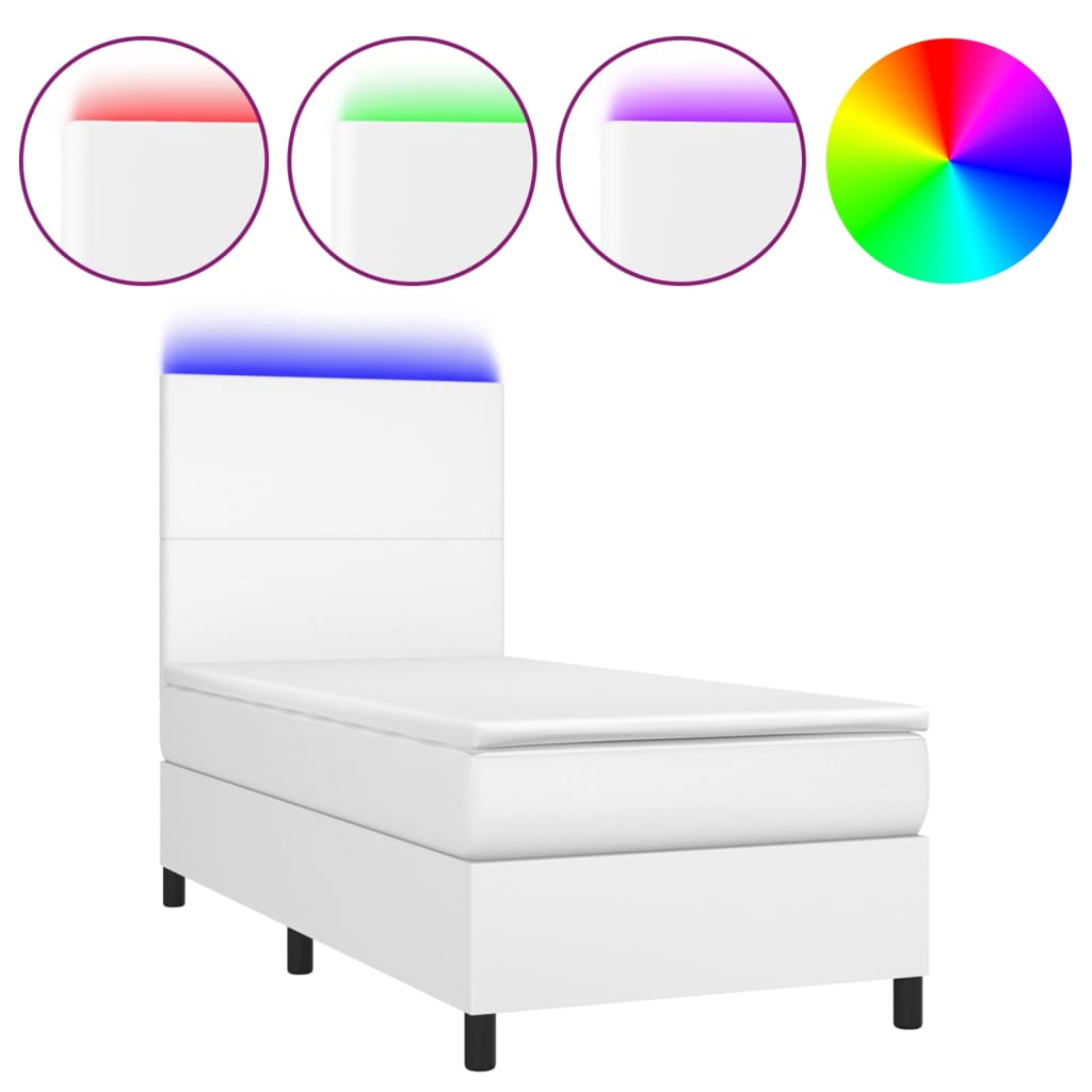 Box Spring Bed with Mattress & LED Light White 90x200 cm Artificial Leather