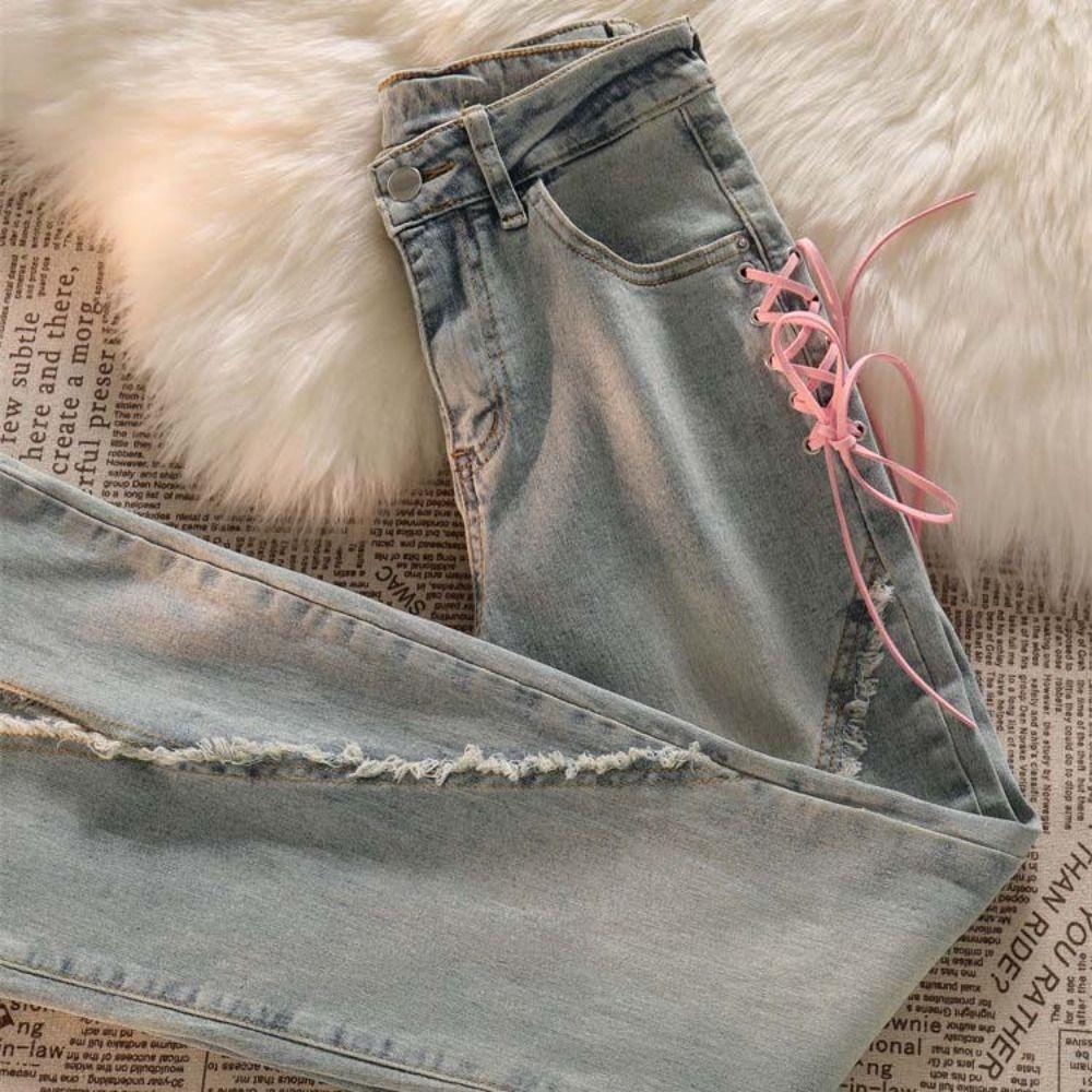 Wide Leg Y2k Bow Denim Jeans Lace Tied-up Split Fork Denim Pants Soft High Waist Pants Girls