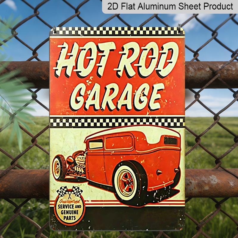 2D Flat, 1pc Vintage Hot Rod Garage Metal Sign - 8x12 Inch Retro 1950s Style Classic Hot Rod Car & Checkered Racing Design - Durable Aluminum Wall