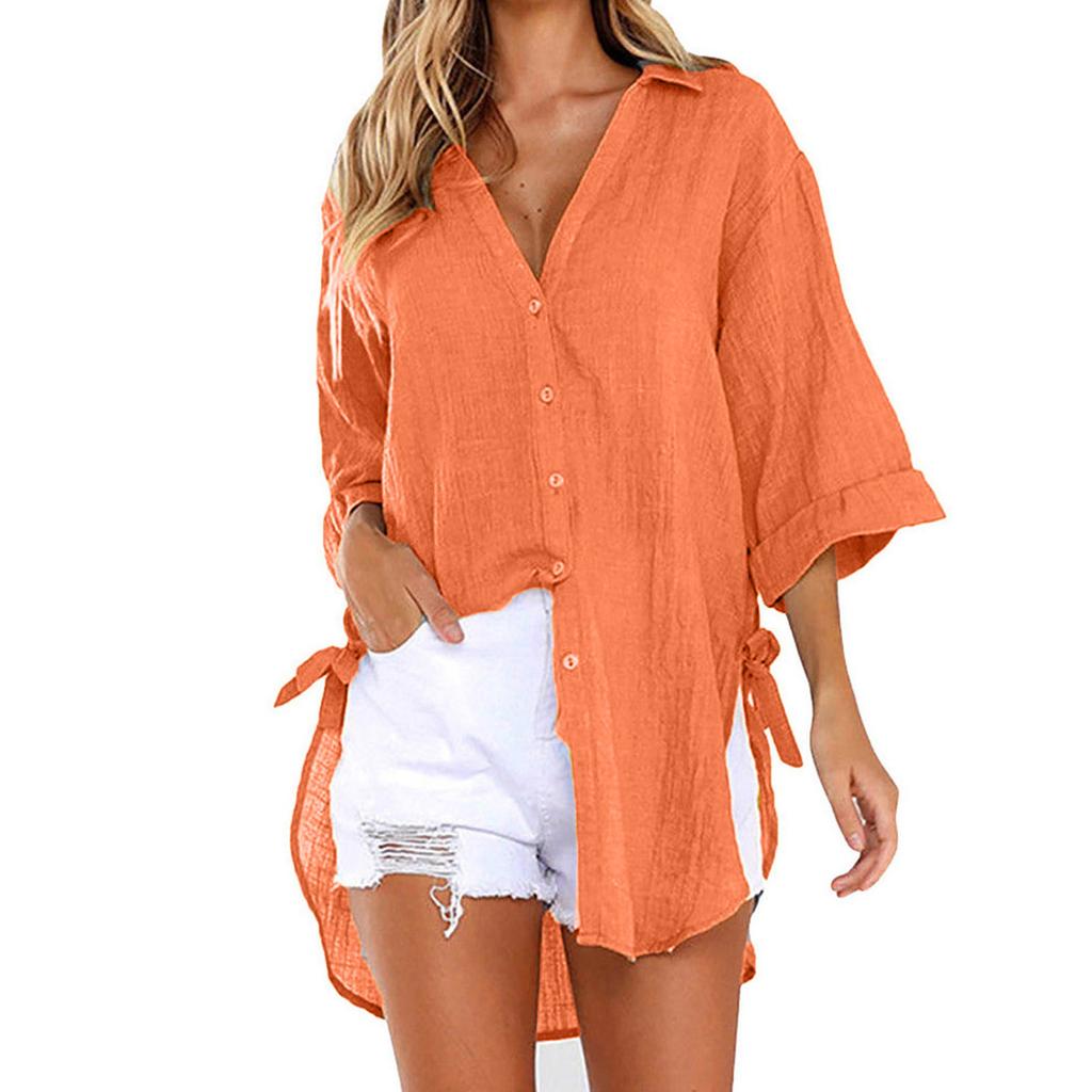 Повседневная женская рубашка с пуговицами на шнуровке и лацканами, свободная рубашка с длинным рукавом с завязками по бокам