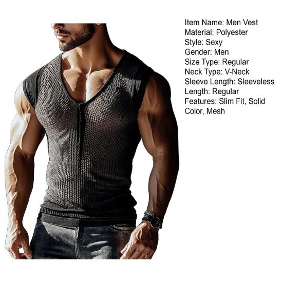 Мужской жилет с V-образным вырезом, широкими бретелями, без рукавов, прозрачный сетчатый топ, однотонный, дышащий, эластичный, на бретельках